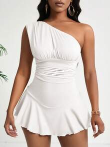 Zolique Women's Summer Solid Color Asymmetrical Neck Ruffle Trimmed Skinny Jumpsuit - White - View 4