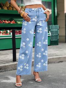 Breezaya Quần jeans nữ dáng rộng in hoa, có túi hai bên. - Màu xanh lam - Xem 4