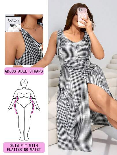 Solflare Đầm casual mới mùa Xuân/Hè, thích hợp mặc hàng ngày, dự tiệc, đám cưới, lễ hội âm nhạc, đi học, nghỉ mát, dạo phố, mặc ở nhà, mua sắm, dạo phố, đa năng, có thể mặc ngoài hoặc mặc lớp, dây đeo vai có thể điều chỉnh, trang trí nút phía trước, kẻ caro đen trắng, dài ngang gối, cỡ lớn.