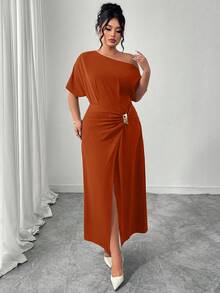 Elenzga Vestido elegante de mujer talla grande con hombro asimétrico, volantes y abertura, con botones decorativos de metal - Naranja - Ver 3