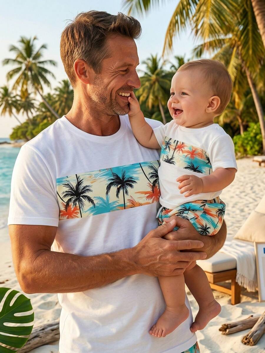 SHEIN Playful Pals 2件套幼儿男童夏季度假椰子树热带植物印花圆领短袖T恤和松紧腰短裤套装，婴幼儿服装，男童T恤套装，夏季套装，适合6个月至3岁，海滩度假风，休闲假日风 - 白色 - 查看 1