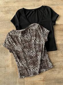 SHEIN EZwear Women's Casual Solid Color With Leopard Print T-Shirt, Summer - Multicolor - View 3