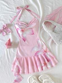 SHEIN Tween Girl Colorful Tropical Floral Print Draped Neck Halter Backless Ruffle Hem Mini Dress With Bow Tie, Built-In Shorts, Suitable For Holiday, Vacation, Easter, Western Wear, Concert, Rave, Festival, Birthday - Pink - View 1