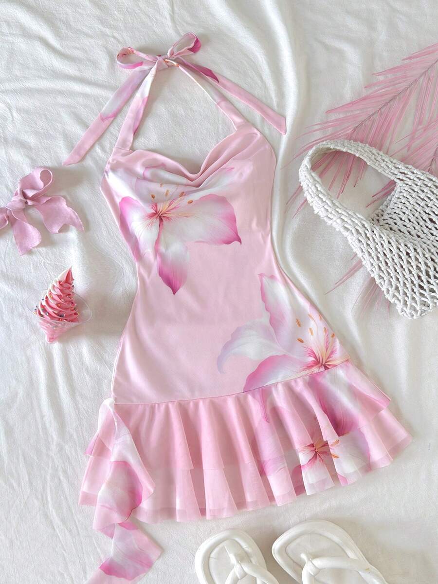 SHEIN Tween Girl Colorful Tropical Floral Print Draped Neck Halter Backless Ruffle Hem Mini Dress With Bow Tie, Built-In Shorts, Suitable For Holiday, Vacation, Easter, Western Wear, Concert, Rave, Festival, Birthday - Pink - View 1