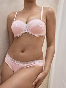 Bralution 2件套女士优雅撞色蕾丝拼接内衣套装 - 粉色 - 查看 5