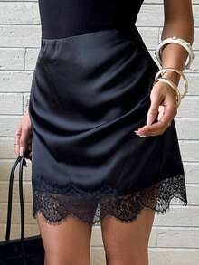 Siren Gaze Chân váy ngắn ren phối màu trơn đơn giản dành cho nữ, thích hợp cho mùa hè. - màu đen - Xem 7