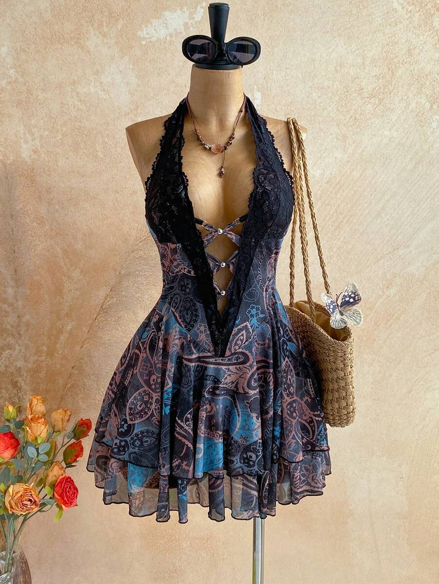 Soleia 女士度假风腰果花卉印花撞色蕾丝性感吊带迷你连衣裙 - 黑色 - 查看 1