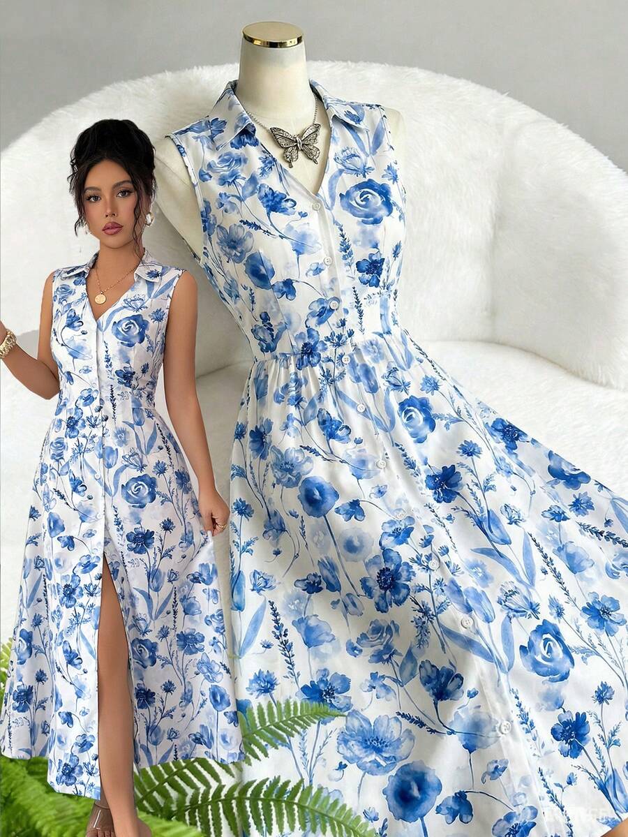 SHEIN Elenzya Đầm dài nữ kiểu retro màu xanh trắng họa tiết sứ, cổ chữ V, không tay, cài cúc đơn, thắt nơ eo, thanh lịch, thích hợp cho kỳ nghỉ, dạo phố, đi biển, đi làm, hẹn hò công sở, mùa xuân hè. - Nhiều màu - Xem 1