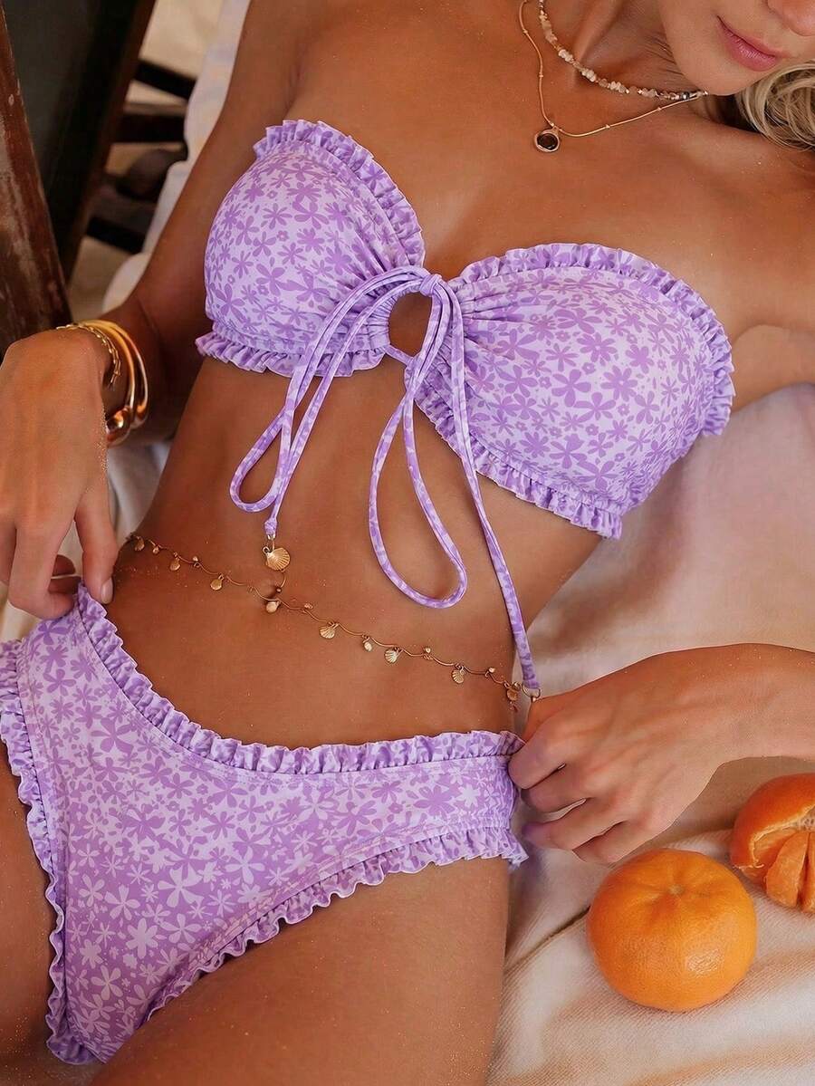 Swim Mod Women's Summer New Sexy Minimalist Floral Print Tie-Up Backless Bikini Set, Suitable For Beach Vacation - Multicolor - View 1