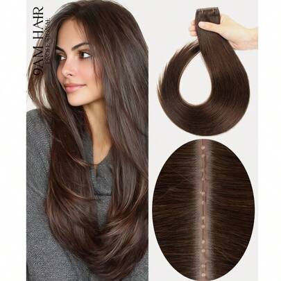 蝴蝶结发片，真人发丝，PU孔发片，12-24英寸，深棕色直发，隐形接发，真人发丝，PU孔发片，柔软丝滑，适合日常、派对、节日和婚礼佩戴。