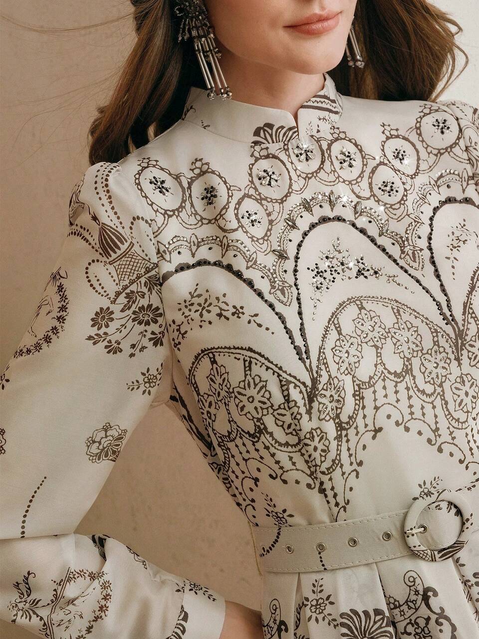 Plus Size Women's Elegant Autumn Palace Style Printed Mandarin Collar Long Sleeve Rhinestone Embellished Long Dress Teachers' Day Tea Party Beige