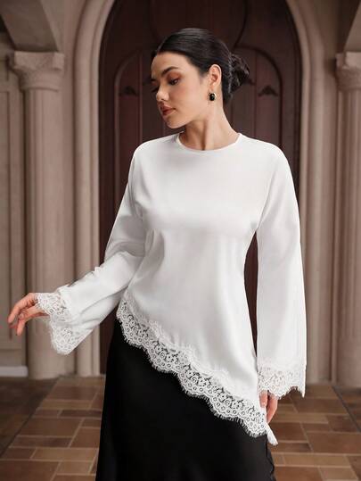 Graceveil Women's Elegant Solid Color Lace Patchwork Asymmetric Hem Blouse Blouse For Women Elegant Classy White Lace Trim Blouse Long Sleeve Top Latest Tops For Women New Arrivals Elegant Top For Woman Women Top Zip Up Top