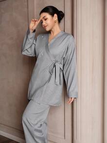 Graceveil 女士纯色V领珍珠串珠侧系带长袖上衣和宽松直筒裤两件套，适合日常穿着和户外活动 - 灰色 - 查看 5