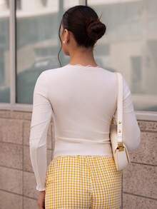 Andrea Bello 女士蕾丝荷叶边修身开衫长袖上衣 - 米色 - 查看 2