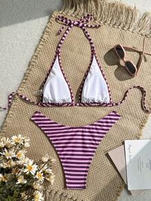 Swim Mod Women's Summer Vacation Striped Halter Bikini Set - Multicolor - View 3