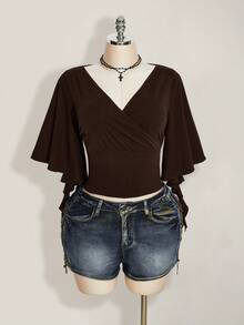 SHEIN ICON Plus Size Women V-Neck Flare Sleeve Ruched T-Shirt - Brown - View 4