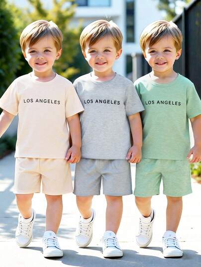 3sets/6pcs Boys' Casual Slogan Print Short Sleeve T-Shirt And Shorts Set, Suitable For Daily Leisure, Vacation, Sports, Summer