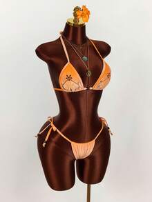 Amplova Conjunto de dos piezas de chaleco de estilo bohemio para vacaciones con copa triangular, bordado con cuentas, color verde, sexy y vanguardista para mujer - Naranja - Ver 5