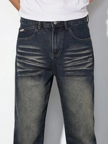 Chillumni Men's Vintage Washed Straight Leg Casual Jeans - Medium Wash - View 6