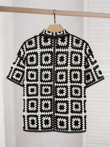 EASEVO Plus Size Men's Front Button Allover Print Casual Short Sleeve Cardigan - Black and White - View 2
