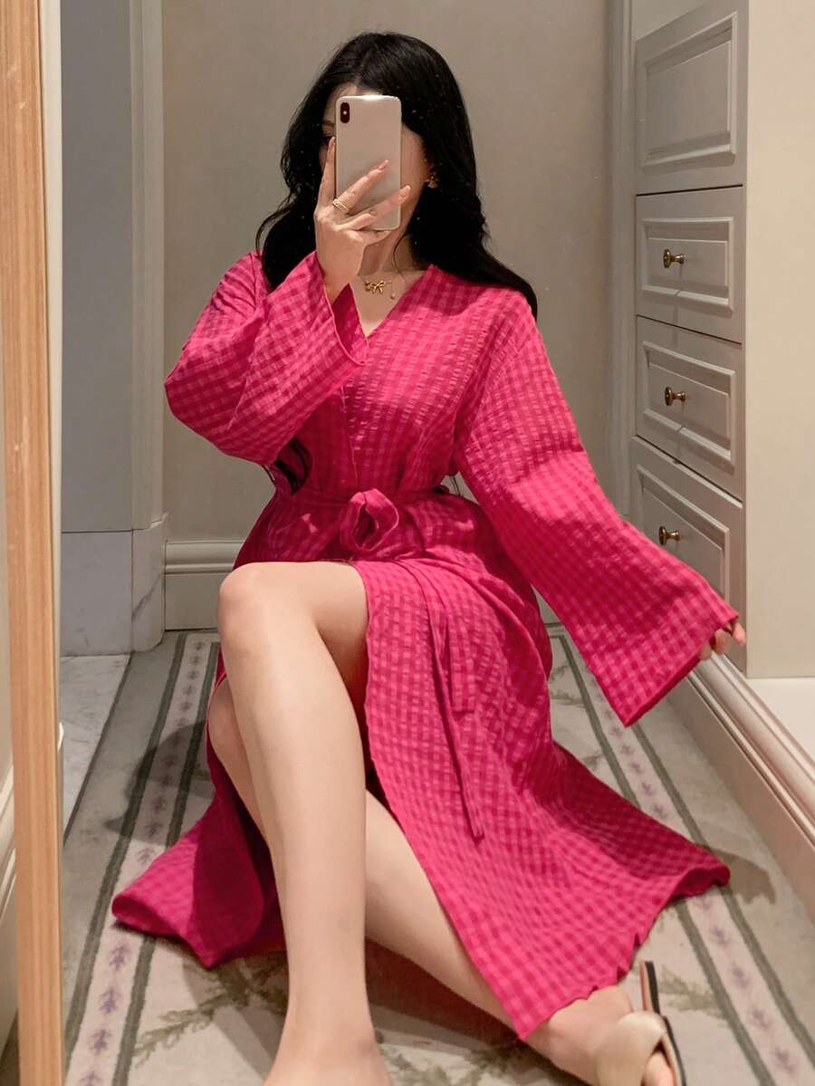 DAZY Plaid Lapel Loose Long Robe For Women, Summer - Pink - View 1