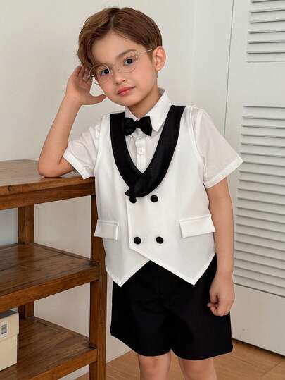 DAZY Bộ 3 món cho bé trai gồm áo tay ngắn cài cúc đơn, áo ba lỗ và quần short, thích hợp mặc hàng ngày, biểu diễn và dự tiệc.