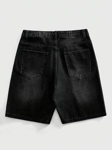 ROMWE MEN 男士水钻装饰牛仔短裤，适合春夏日常穿着 - 黑色 - 查看 2