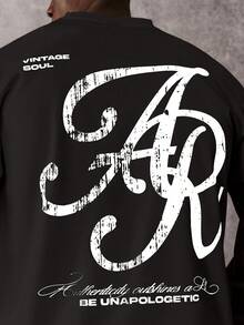 STYNVO 男士休闲时尚街头通勤字母印花落肩宽松长袖T恤，春秋季 - 黑色 - 查看 4