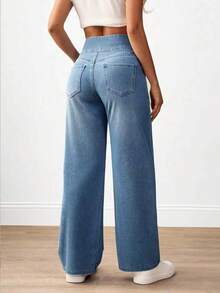 Flexra Plus Size Women Casual Commuter Versatile High Waist Comfortable Belted Slant Pocket Straight Leg Jeans - Blue - View 2