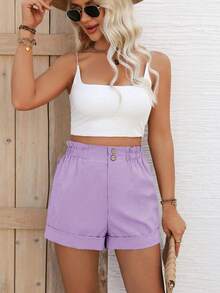 EMERY ROSE Women's Casual Girlisim Vacation Commute Golf Solid Color Paper Bag Waist Cuffed Hem Loose Shorts, Summer Pastal - Purple - View 6