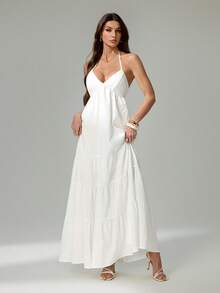 SHEIN Tall Đầm dài cổ buộc dây màu trơn tối giản dành cho nữ, thích hợp mặc hàng ngày. - trắng - Xem 6