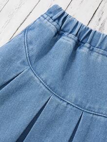 SHEIN Chân váy denim xếp ly cho bé gái, chân váy boho mùa xuân hè. - Rửa nhẹ - Xem 6