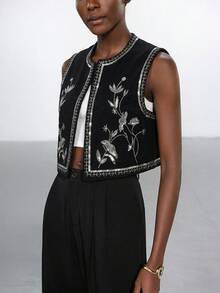 Aveloria Modichic Retro Beaded Embroidered Velvet Sleeveless Short Jacket Vest For Women - Black - View 4