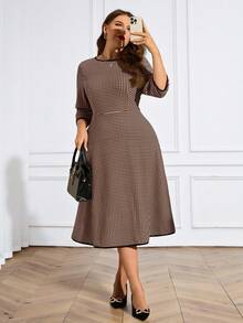 Miaspire Plus Size Women's Summer Casual Vacation Elegant Plaid Vintage Round Neck 3/4 Sleeve Dress,Spring Break Outfits ,Vacation Outfits Women ,Holiday Outfits For Women,Going Out Outfits,2026 New Clothes,Simple And Fashionable For Everyday Wear, Elegant Midi Dress Midi Check Dress Elegant Dress Checkered Dress - Coffee Brown - View 4