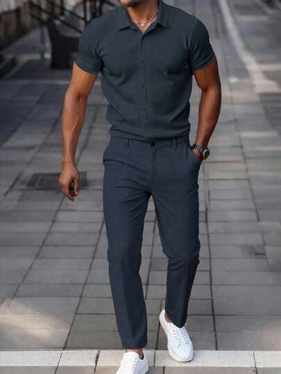 Manfinity Homme Bộ quần áo sơ mi tay ngắn trơn màu thường ngày cho nam