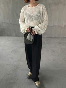 FRIFUL 女士荷叶边提花圆领宽松长袖T恤 - 杏色 - 查看 5