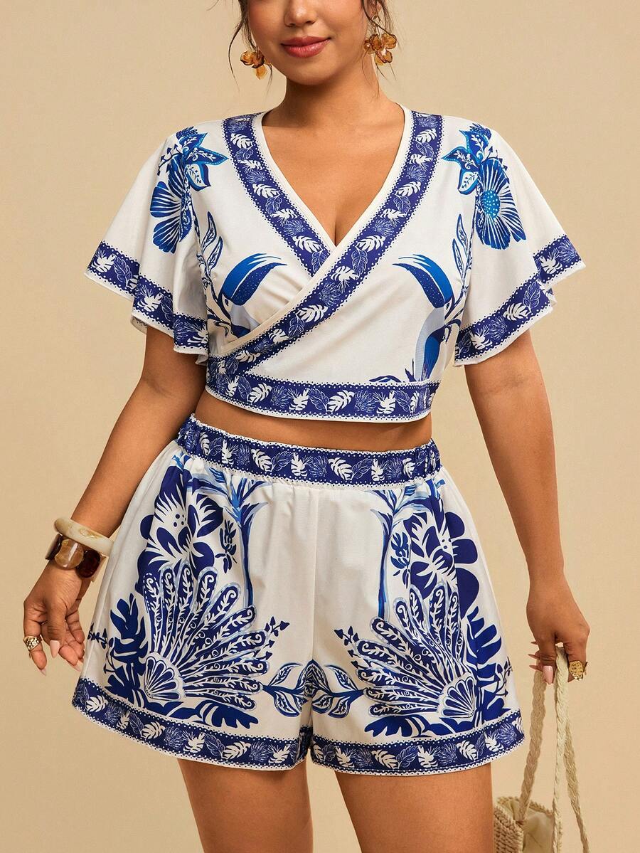 Travachic Plus Size Summer Vacation Plant Print Surplice Neck Top And Shorts 2 Pieces Set Two Piece Casual Sets - Blue and White - View 1