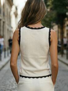 Franclia Áo dệt kim cổ chữ V phối màu tương phản dành cho nữ, kiểu dáng thường ngày, thích hợp đi nghỉ mát, đi làm, mùa hè. - Màu be - Xem 2