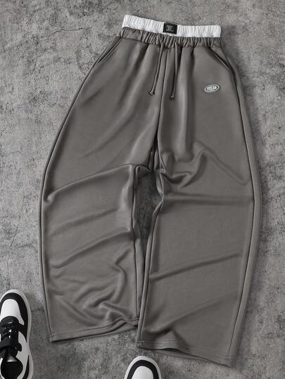 Coolqubz 1pc Men & Teenage Boys' Fashion Loose Wide-Leg Knit Pants, Dual Waistband Design, Comfortable Fabric, Versatile Color, Suitable For School, Casual Wear, Autumn/Winter