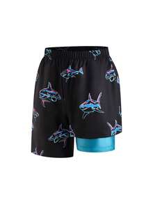 SHEIN 青少年男孩 2 合 1 鯊魚泳褲,休閒夏季街頭風海灘度假短褲,內襯式泳裝,適合衝浪、游泳、音樂節 - 彩色 - 查看 3