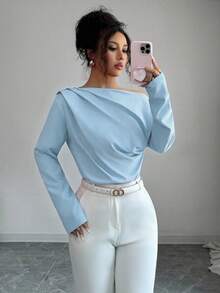 Elenzga Women's New Autumn Oblique Shoulder Ruched Long Sleeve Blouse - Baby Blue - View 6