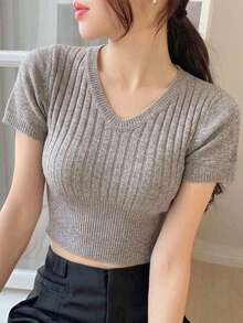 INAWLY Áo thun nữ cổ chữ V tay ngắn, dáng ôm, chất liệu gân nổi, kiểu dáng thường ngày, thích hợp cho mùa xuân/hè. - Xám - Xem 1