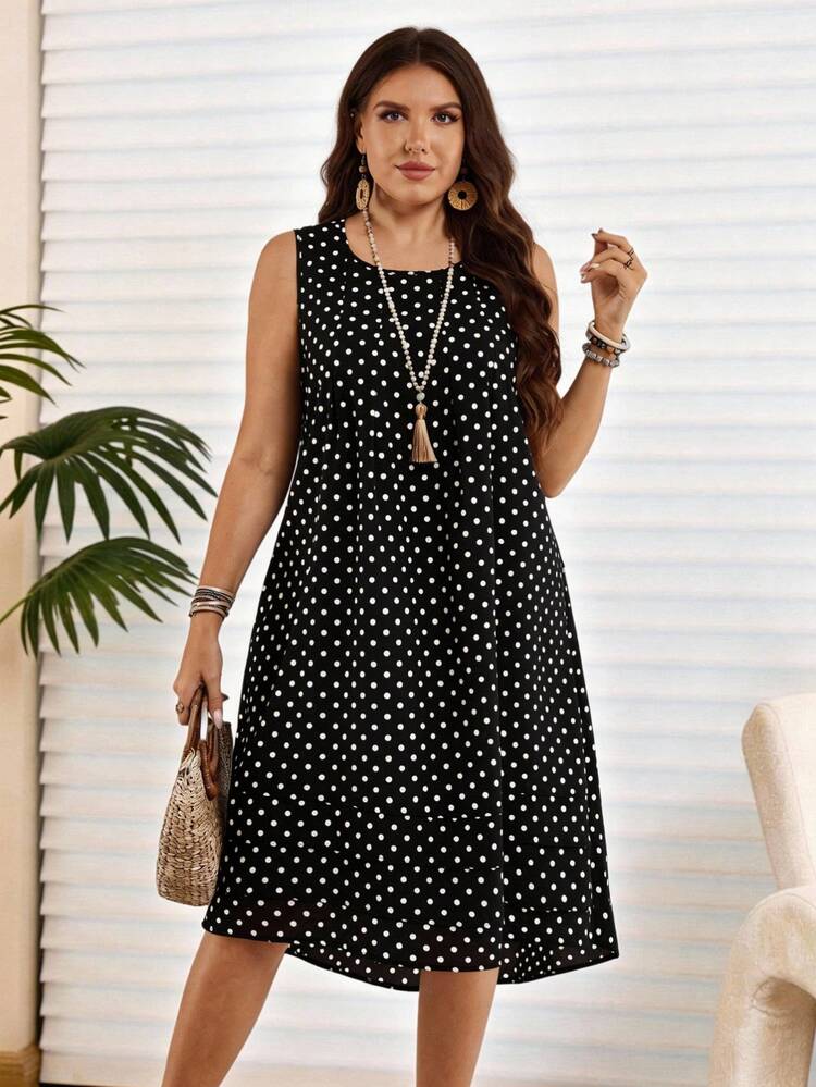 Plus Size Women Polka Dot Print Round Neck Sleeveless Vacation Dress,Vacation Outfits Woman Summer Outfits For Women Office Wear, Vacation Outfits Woman, Summer Outfits For Women Festival Boho,Holiday Outfit