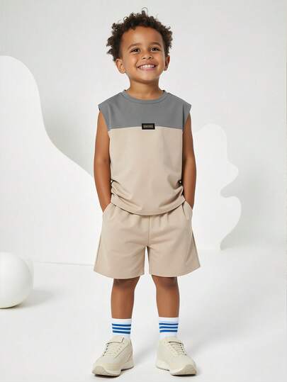 2件套男童休闲撞色圆领短袖背心和短裤套装