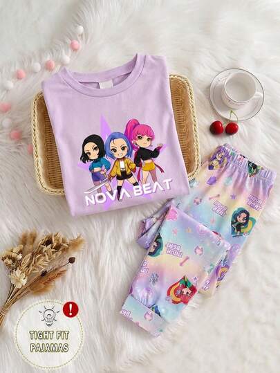 女童休闲舒适短袖长裤拼接修身家居服，适合春夏穿着