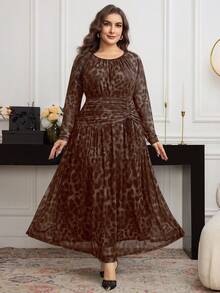 Modelyn Plus Size Women Elegant Long Knitted Leopard Print Ruched Dress - Coffee Brown - View 3