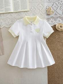 SHEIN 1 pieza Vestido casual blanco para niñas, con cuello y puños acanalados, adecuado para uso casual, al aire libre, deportes, fiesta - Amarillo - Ver 3
