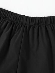 SHEIN 2件套少女休闲T恤和工装裤套装，蝴蝶结刺绣图案圆领短袖T恤和裤子，春夏时尚套装 - 白色 - 查看 5