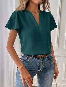 SHEIN Essnce 女士休闲通勤纯色V领荷叶边短袖衬衫 - 水鴨藍 - 查看 4