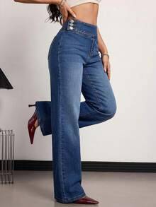 SHEIN Tall 女士夏季休闲高腰阔腿喇叭牛仔裤，水洗蓝色，不对称腰带配纽扣细节，完美打造街头风和日常穿搭。女士高腰阔腿宽松休闲百搭牛仔裤。 - 中等水洗藍 - 查看 7